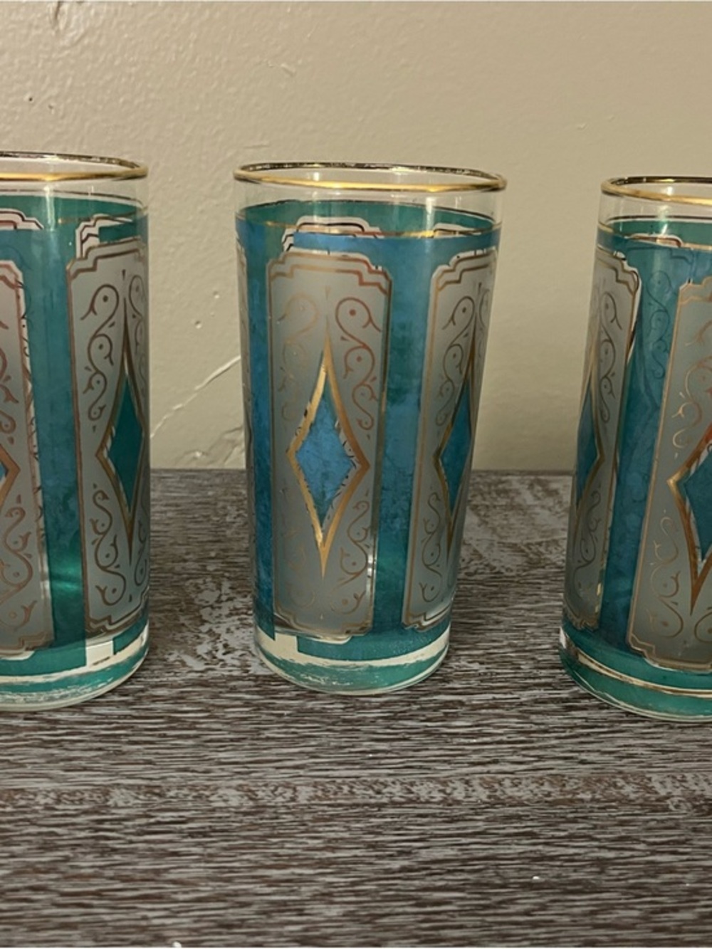 Vintage Libbey Blue & Gold Diamond Glasses Set of 3 with 22k gold rim